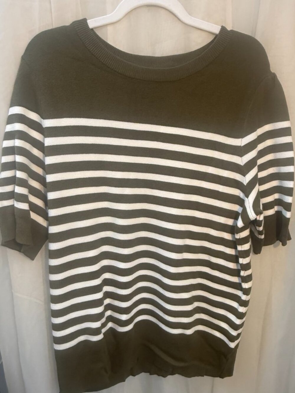 Fashion Olive Green White Striped Short Sleeve Knit Sweater XL NWT